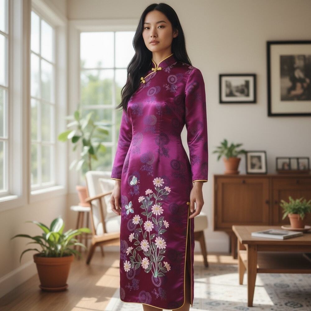 VINTAGE LADIES Purple SATIN ASIAN CHINESE Mandarin Collar Party Dress VTG 